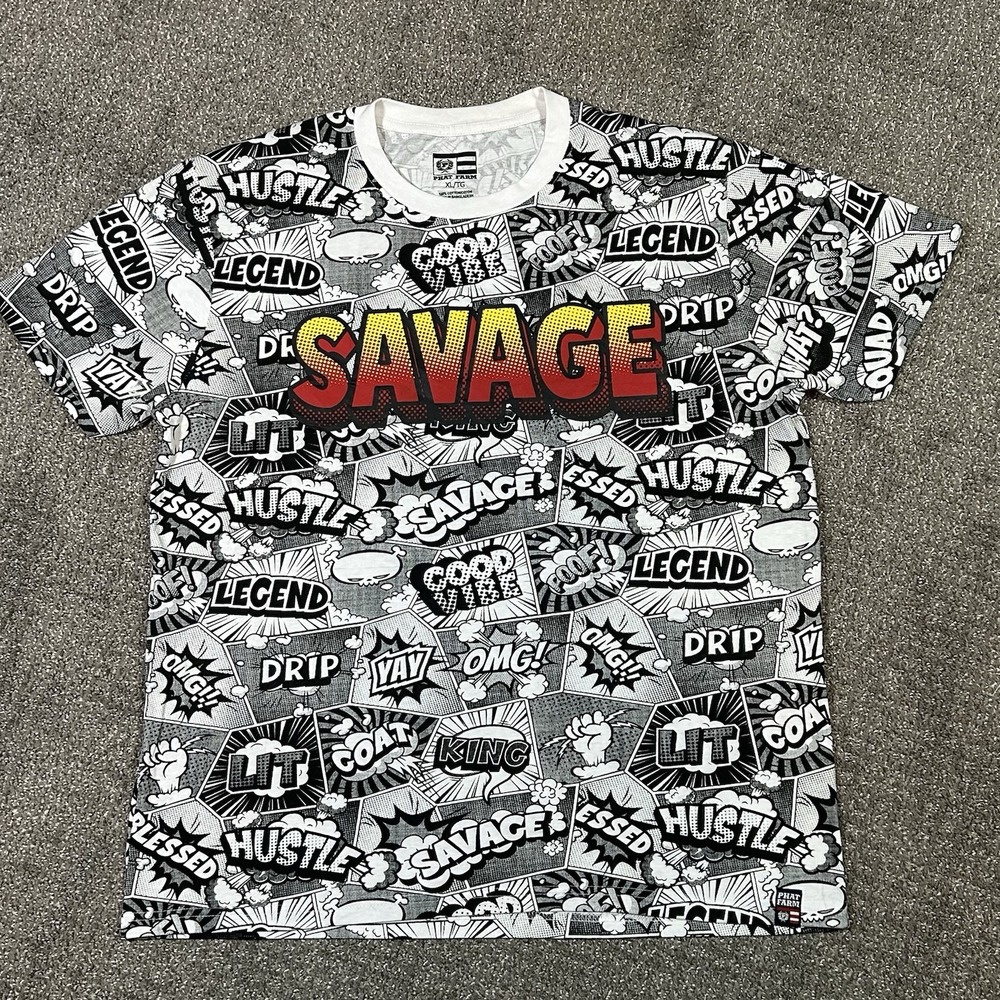 Phat Farm Savage Graphic Comic Print T-Shirt Mens XL Y2K Streetwear Cotton